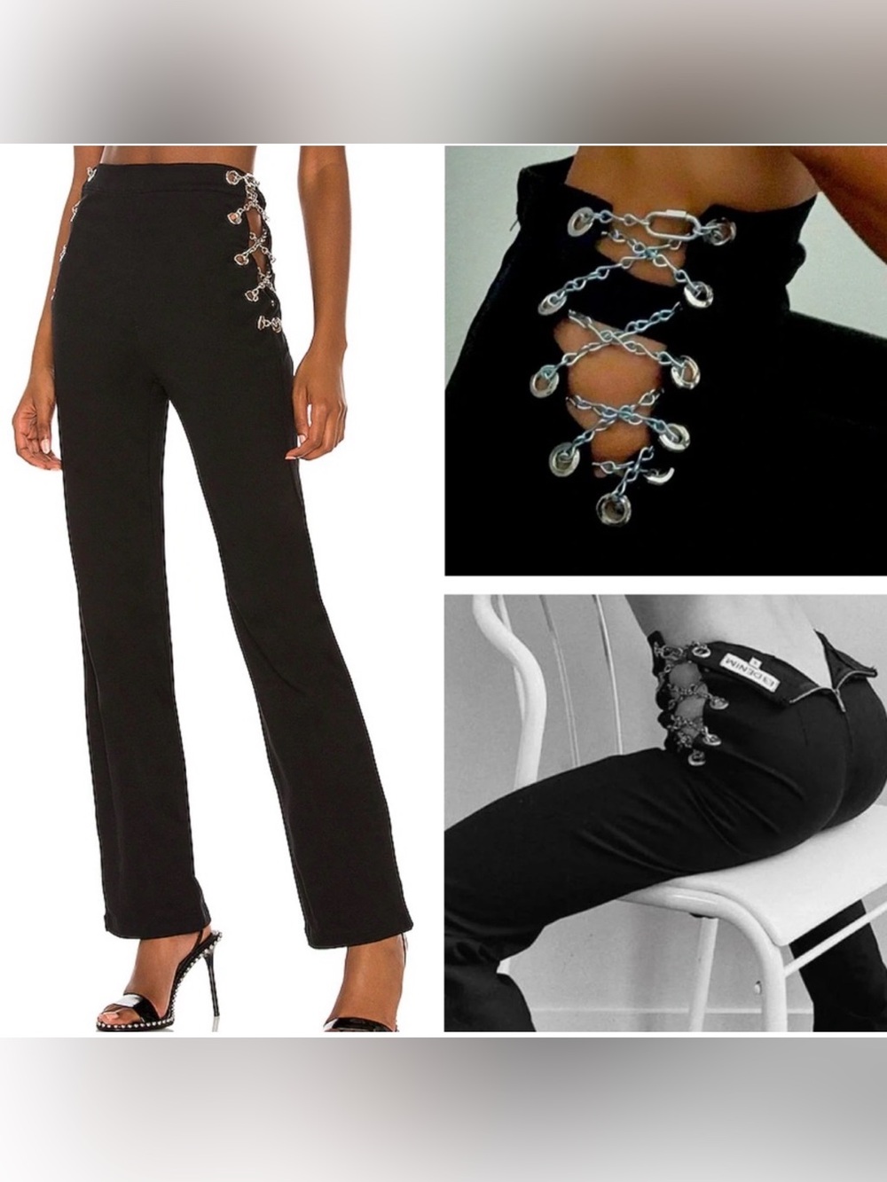 EB Denim Black Flare Pants with Chain Lace-Up Detail